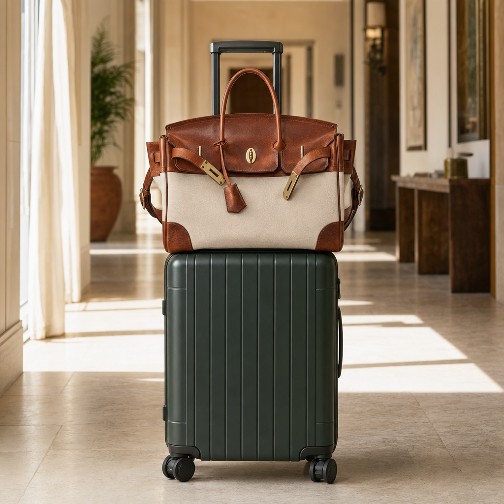 Eleanor resting on rolling luggage.